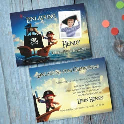 Einladungskarte zum Kindergeburtstag mit Piratenmotiv und Foto