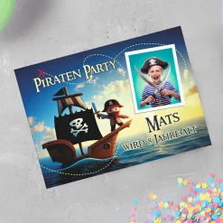 Einladungskarte zum Kindergeburtstag mit Piratenmotiv und Foto