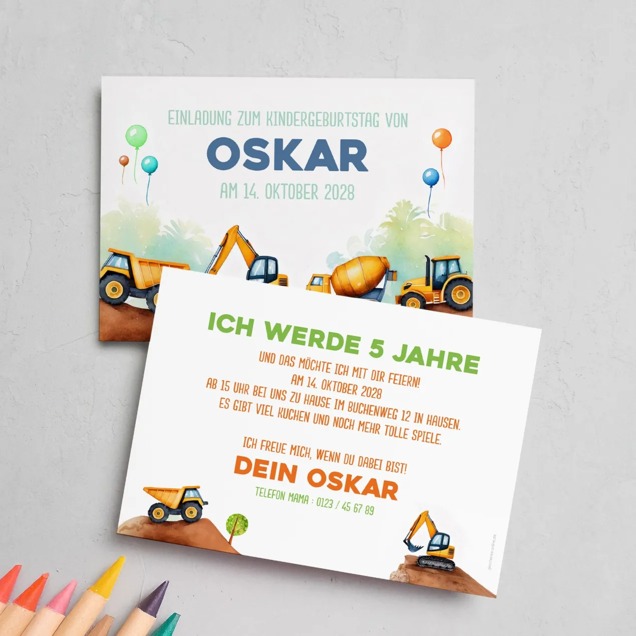 Einladungskarte zum Kindergeburtstag im Bagger und Baustellen Design mit Wunschdaten