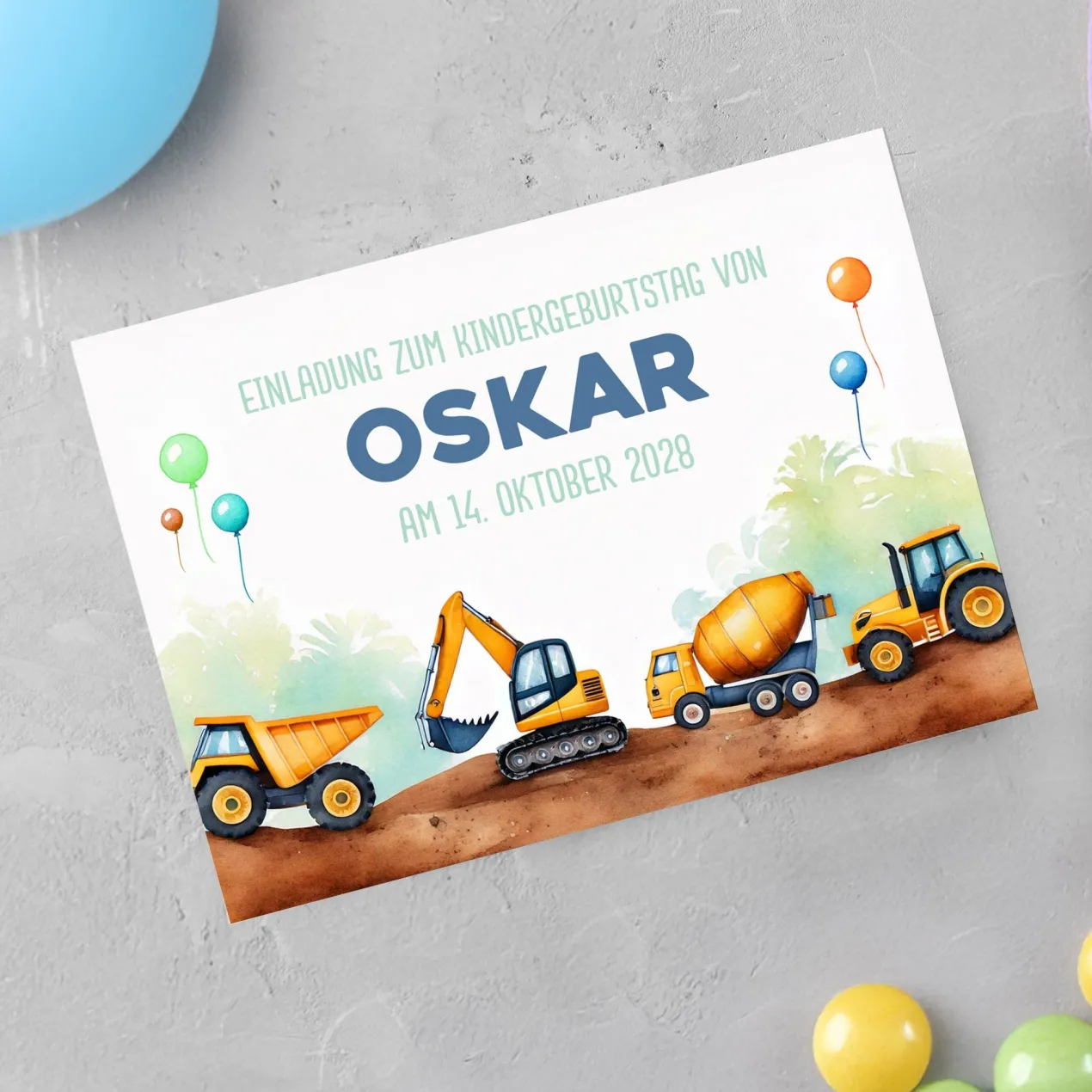 Einladungskarte zum Kindergeburtstag im Bagger und Baustellen Design mit Wunschdaten