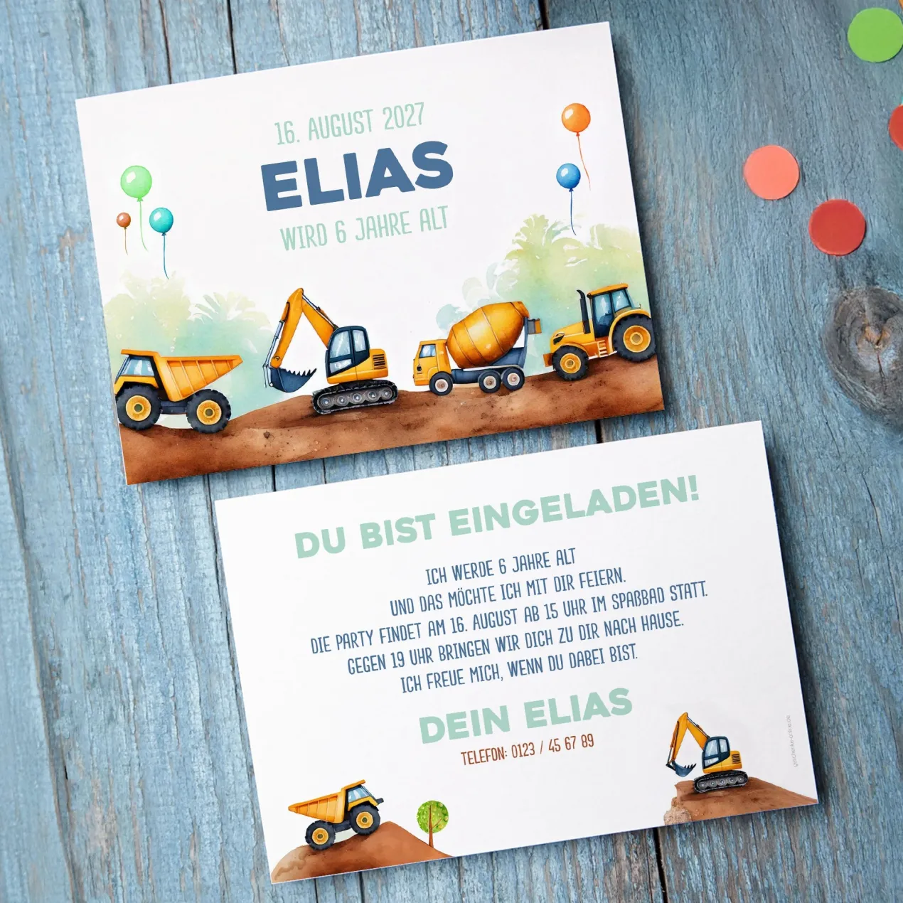Einladungskarte zum Kindergeburtstag im Bagger und Baustellen Design mit Wunschdaten