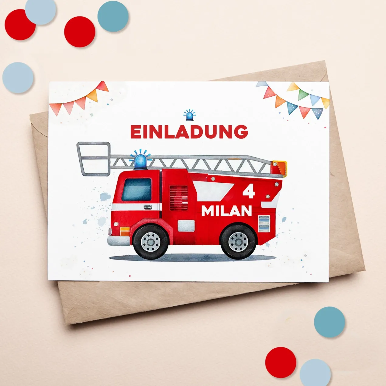 Einladungskarte zum Kindergeburtstag zur Feuerwehr-Party mit Wunschdaten