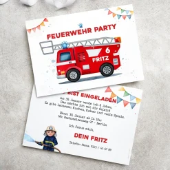 Einladungskarte zum Kindergeburtstag zur Feuerwehr-Party mit Wunschdaten