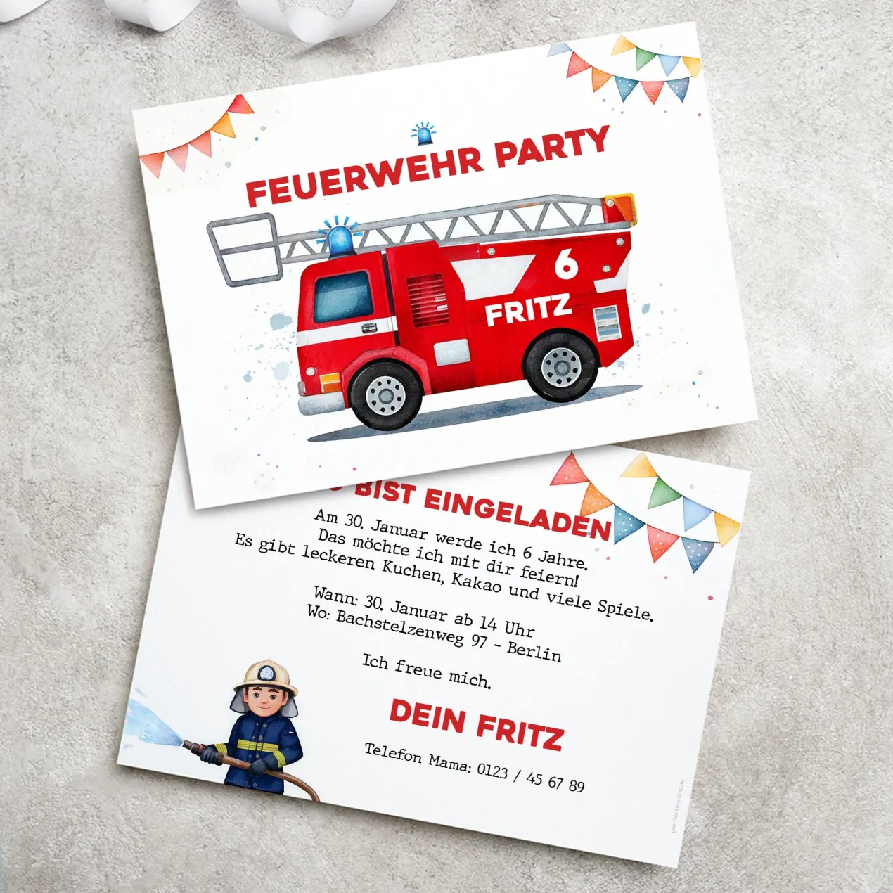 Einladungskarte zum Kindergeburtstag zur Feuerwehr-Party mit Wunschdaten