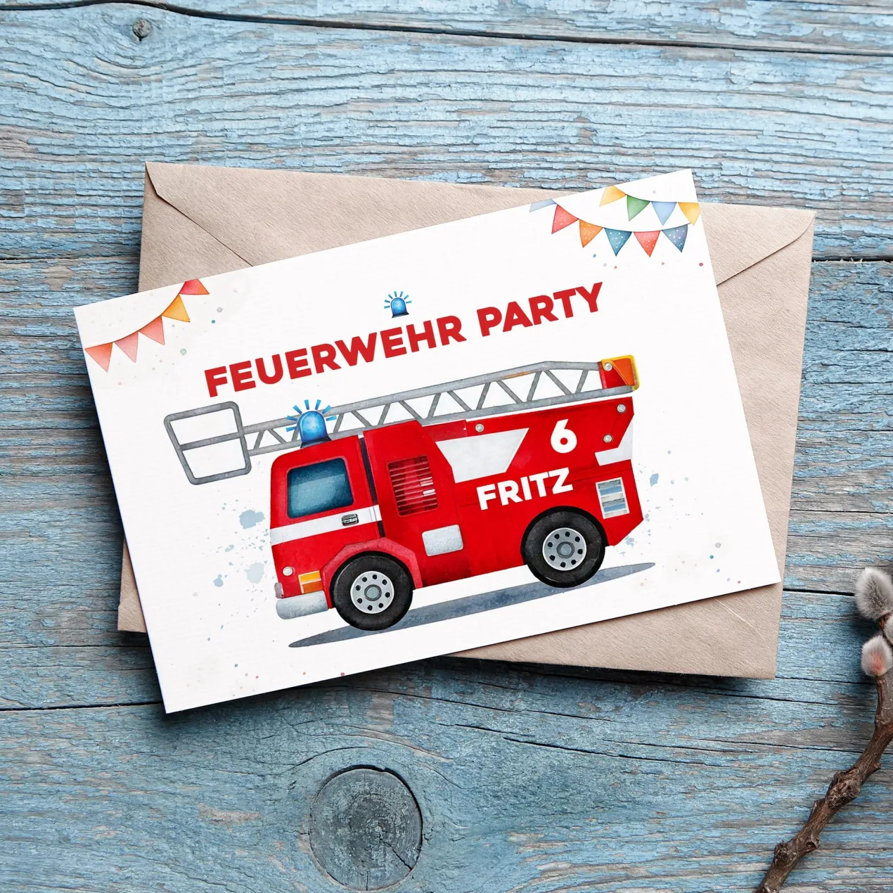 Einladungskarte zum Kindergeburtstag zur Feuerwehr-Party mit Wunschdaten