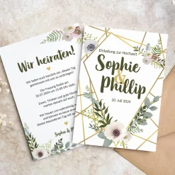Einladungskarte zur Hochzeit mit goldenem Blumenmotiv