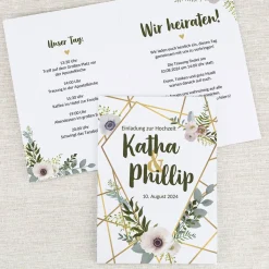 Einladungskarte zur Hochzeit mit goldenem Blumenmotiv