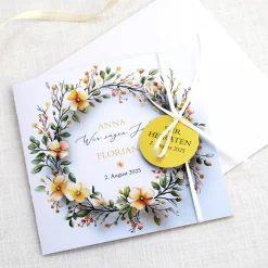 Einladungskarte zur Hochzeit mit Blütenkranz und rundem Anhänger
