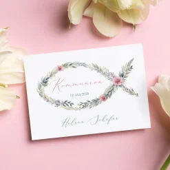 Einladungskarte zur Konfirmation, Kommunion, Taufe mit Wunschdaten | Blumen-Fisch Ichthys