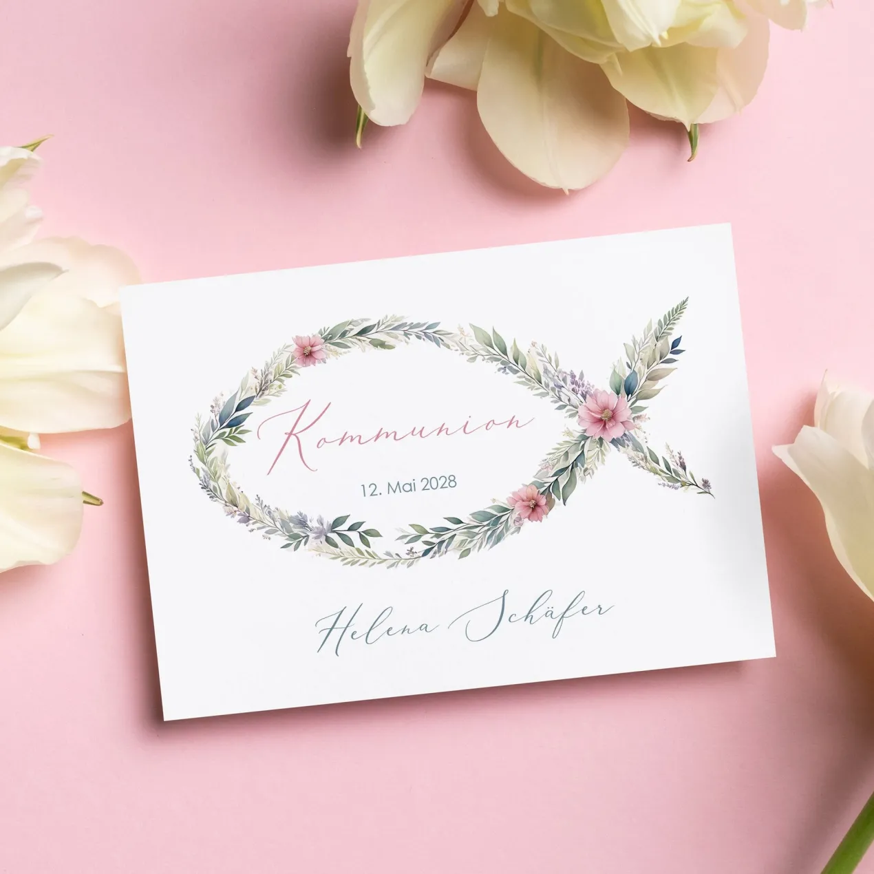 Einladungskarte zur Konfirmation, Kommunion, Taufe mit Wunschdaten | Blumen-Fisch Ichthys