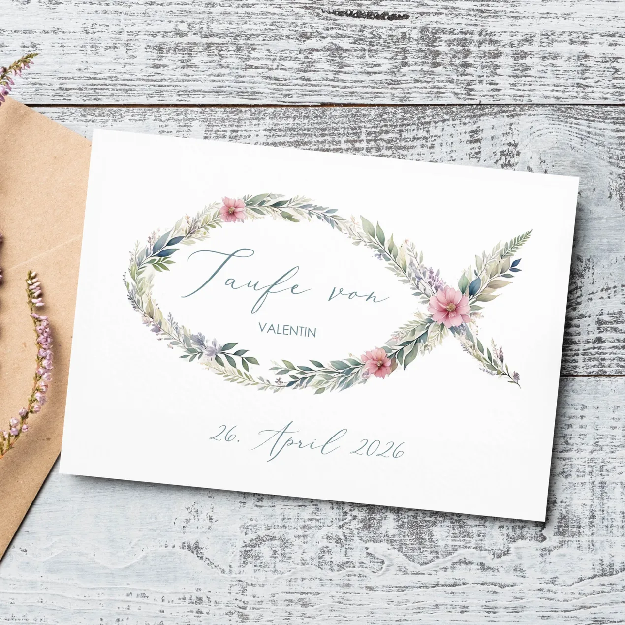 Einladungskarte zur Konfirmation, Kommunion, Taufe mit Wunschdaten | Blumen-Fisch Ichthys