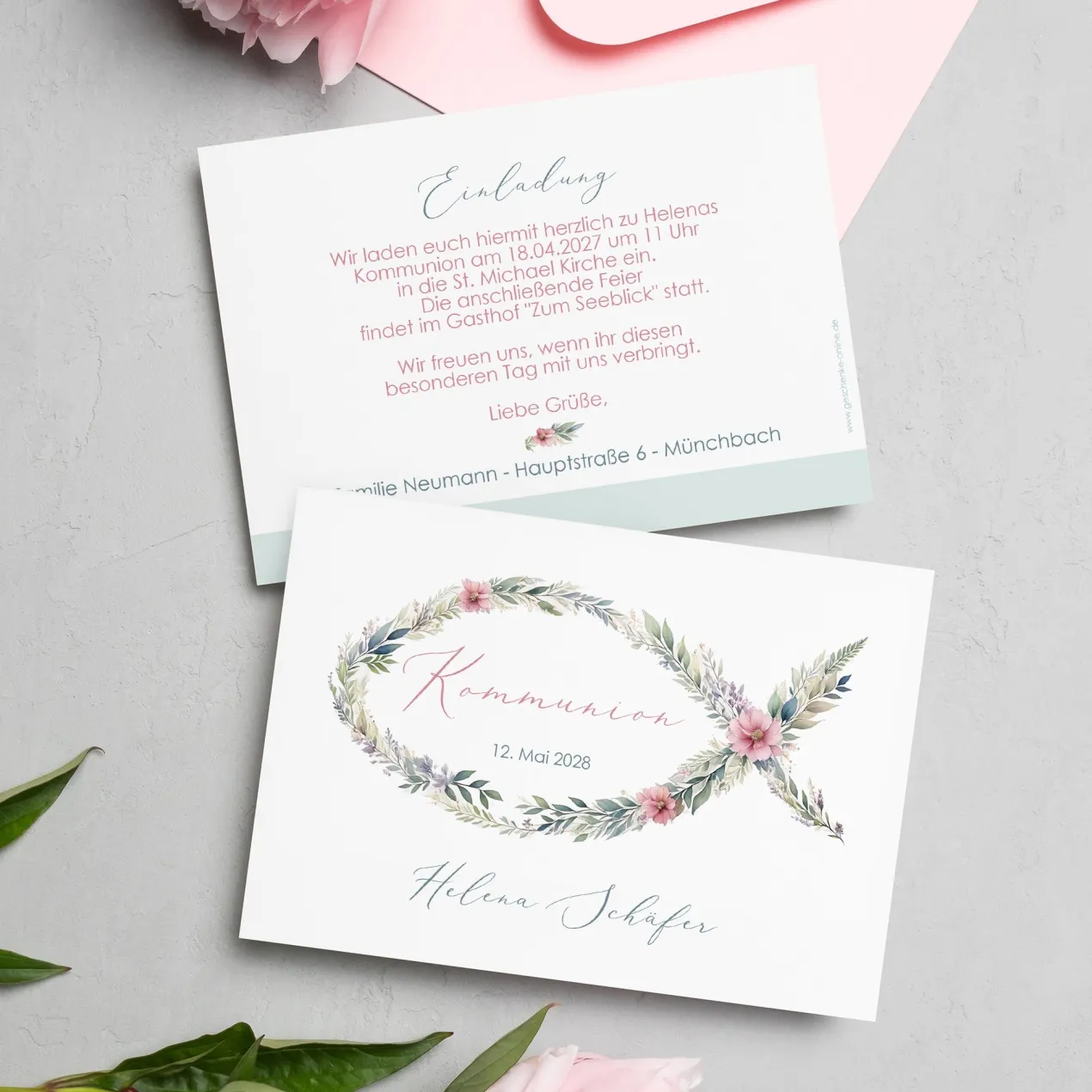 Einladungskarte zur Konfirmation, Kommunion, Taufe mit Wunschdaten | Blumen-Fisch Ichthys