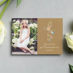 Einladungskarte zur Konfirmation, Kommunion, Taufe mit Foto & Wunschdaten | Blumenkreuz