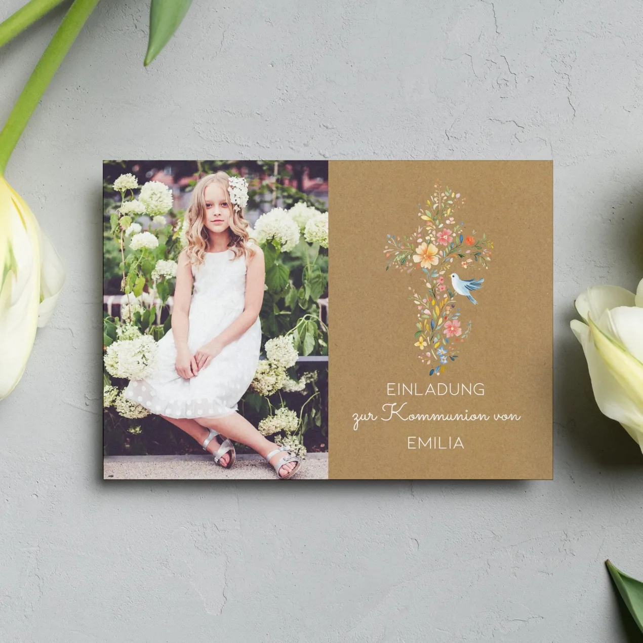 Einladungskarte zur Konfirmation, Kommunion, Taufe mit Foto & Wunschdaten | Blumenkreuz