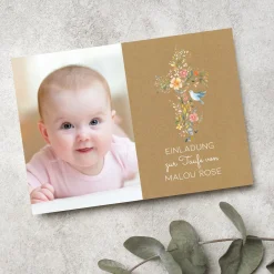 Einladungskarte zur Konfirmation, Kommunion, Taufe mit Foto & Wunschdaten | Blumenkreuz