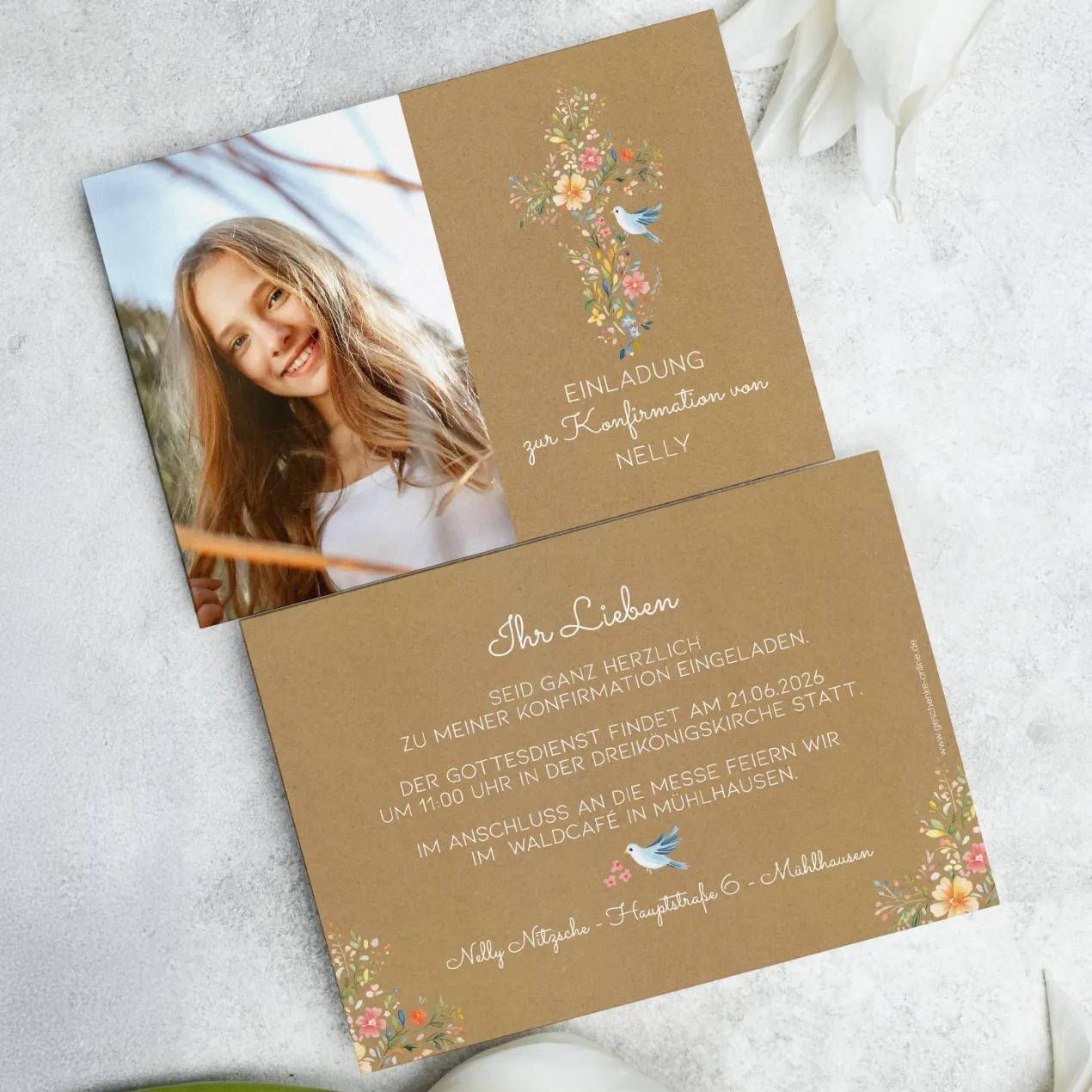 Einladungskarte zur Konfirmation, Kommunion, Taufe mit Foto & Wunschdaten | Blumenkreuz