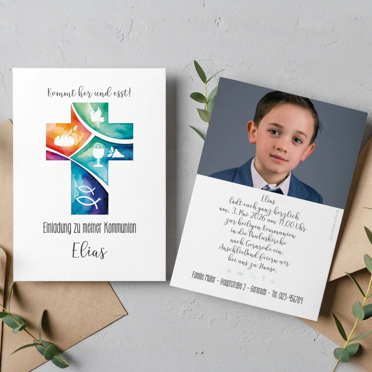 Einladungskarte zur Konfirmation & Kommunion mit Foto und Wunschdaten | Kommt her und esst!