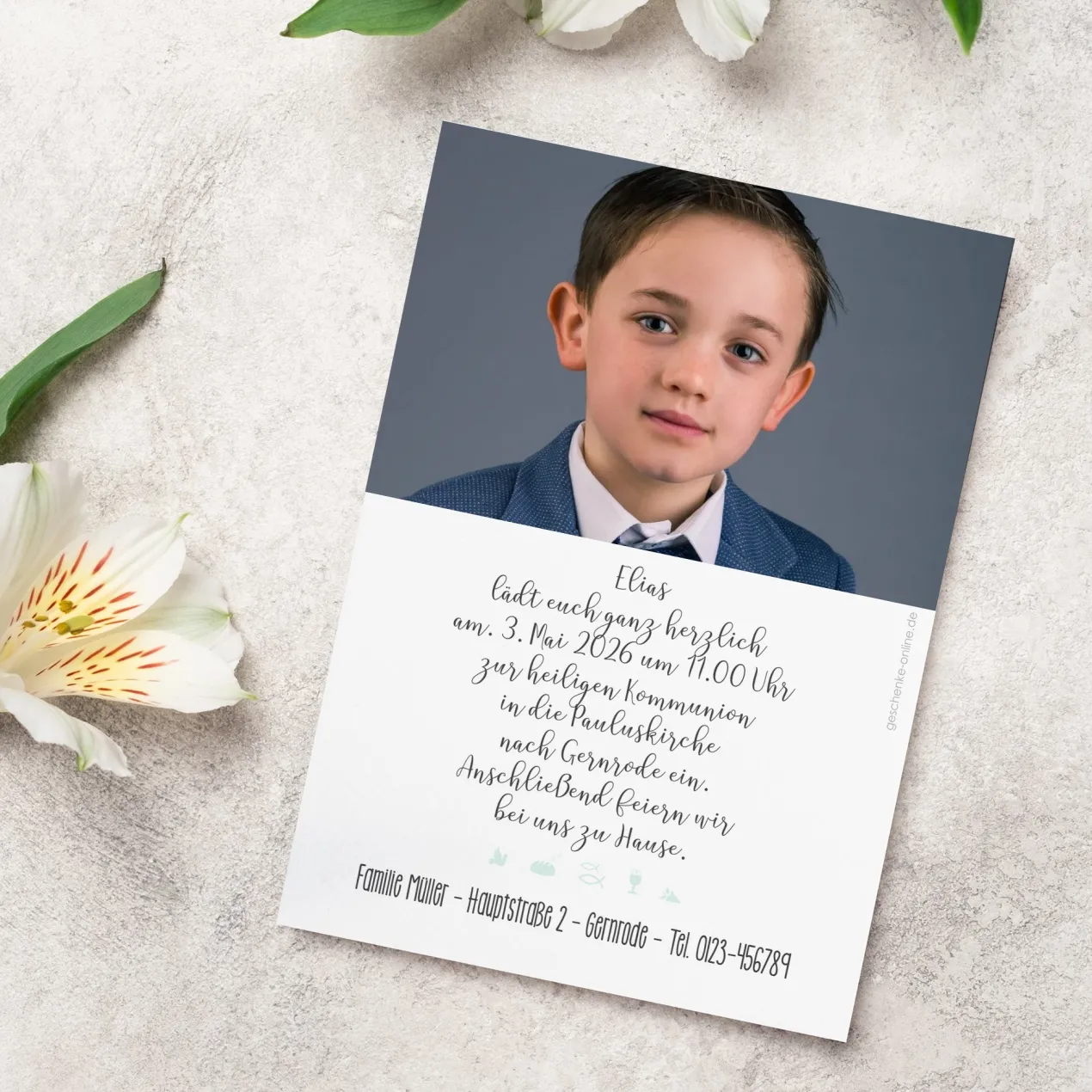 Einladungskarte zur Konfirmation & Kommunion mit Foto und Wunschdaten | Kommt her und esst!