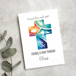 Einladungskarte zur Konfirmation & Kommunion mit Foto und Wunschdaten | Kommt her und esst!