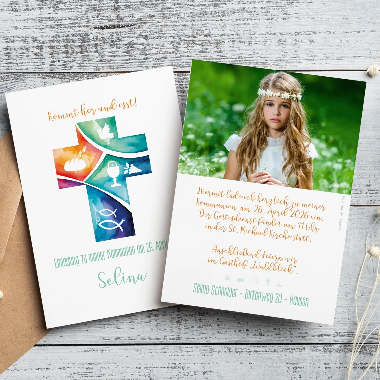 Einladungskarte zur Konfirmation & Kommunion mit Foto und Wunschdaten | Kommt her und esst!