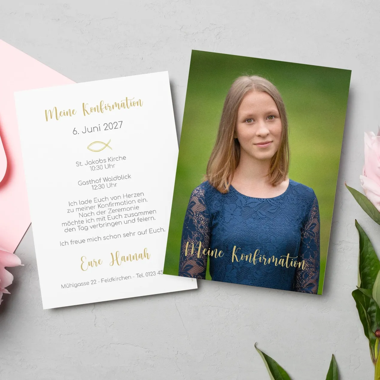 Einladungskarte zur Konfirmation, Kommunion, Taufe mit Foto & Wunschdaten | Danksagung