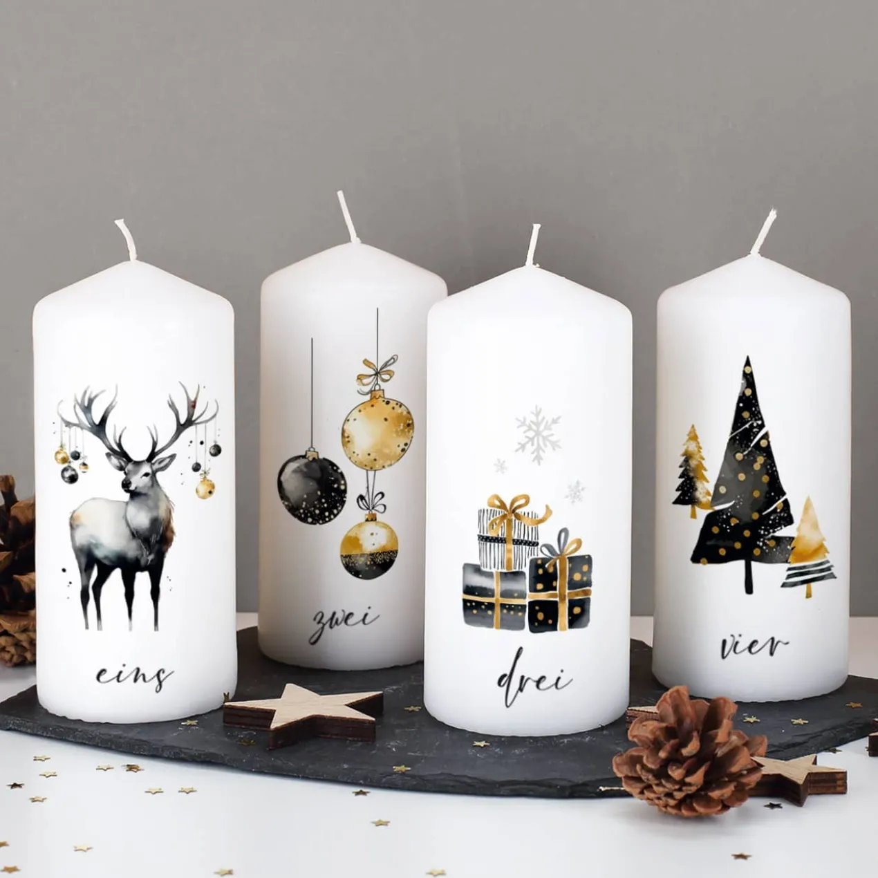 Elegante Adventskerzen mit Ihrem Wunschtext, 4er Set