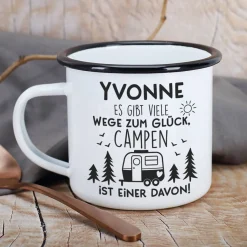 Emailletasse für Camper - Es gibt viele Wege zum Glück - mit Namensaufdruck