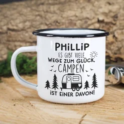 Emailletasse für Camper - Es gibt viele Wege zum Glück - mit Namensaufdruck