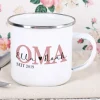 Emailletasse für die beste Oma mit Namensaufdruck der Enkelkinder