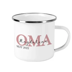 Emailletasse für die beste Oma mit Namensaufdruck der Enkelkinder
