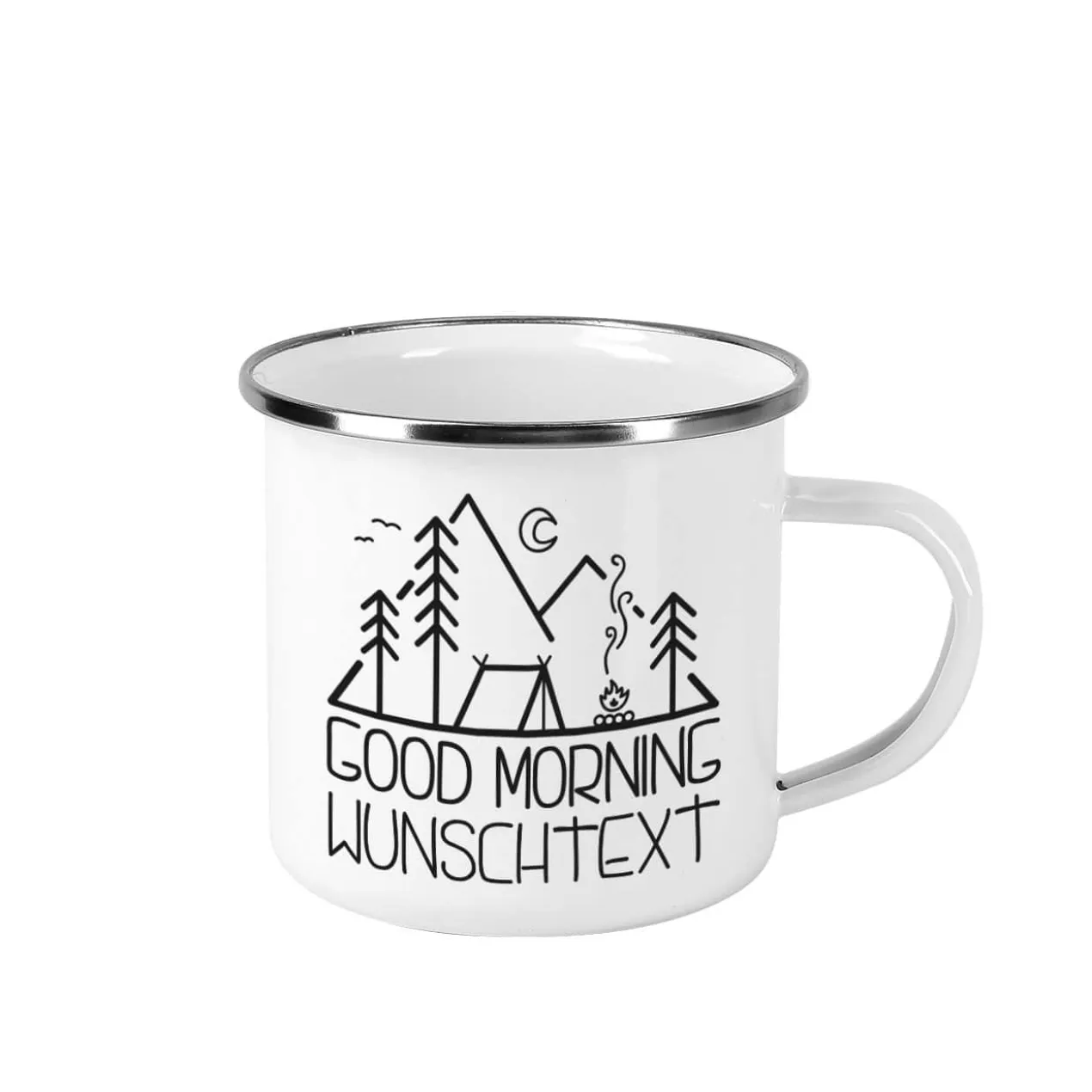Emailletasse mit Camping-Motiv und Ihrem Wunschtext