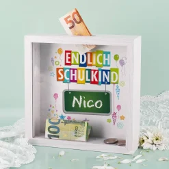 Endlich Schulkind - Bilderrahmen Spardose mit Name