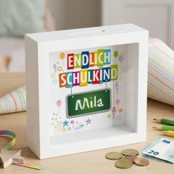 Endlich Schulkind - Bilderrahmen Spardose mit Name