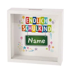 Endlich Schulkind - Bilderrahmen Spardose mit Name