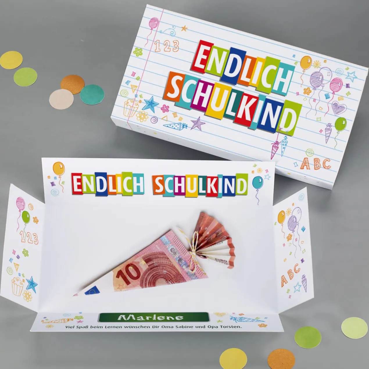 Endlich Schulkind - Box für Geldgeschenk zur Einschulung mit Name & Wunschtext