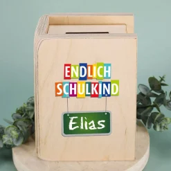 Endlich Schulkind - Holzspardose zur Einschulung mit Name