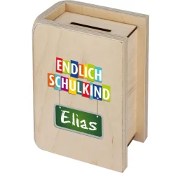 Endlich Schulkind - Holzspardose zur Einschulung mit Name