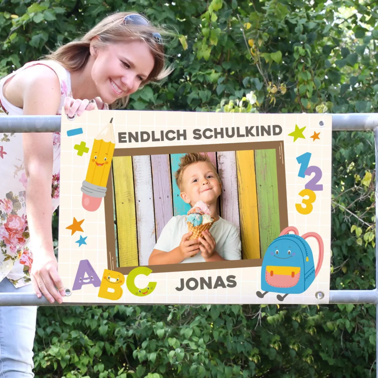Endlich Schulkind - kleines Banner zur Einschulung mit Foto