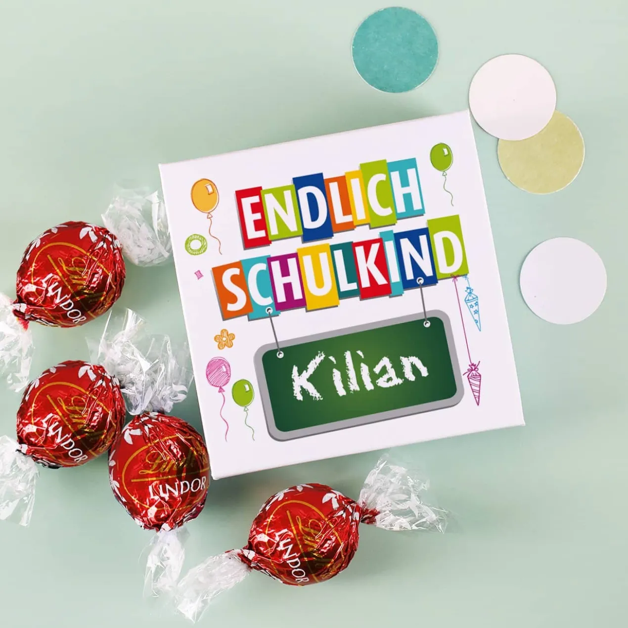 Endlich Schulkind - 4 Lindorkugeln in Geschenkverpackung mit Name
