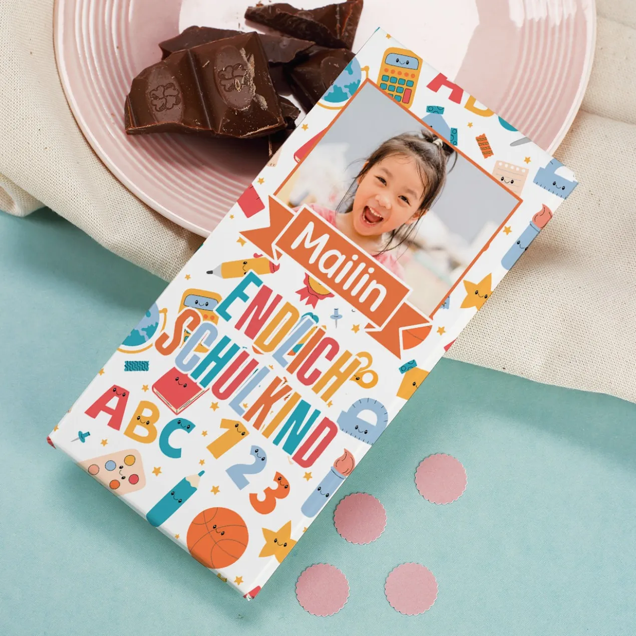 Endlich Schulkind - Schokolade zur Einschulung personalisierbar mit Foto und Wunschname