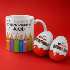 Endlich Schulkind Tasse mit lustigem Stiftemotiv und Namensaufdruck