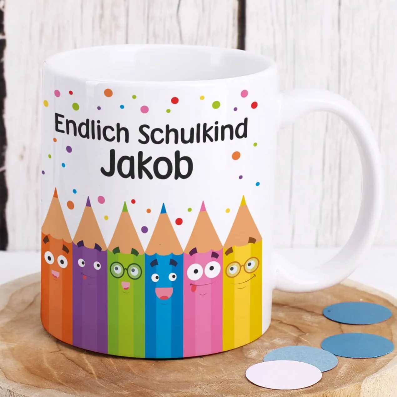 Endlich Schulkind Tasse mit Name in persönlicher Tassentasche