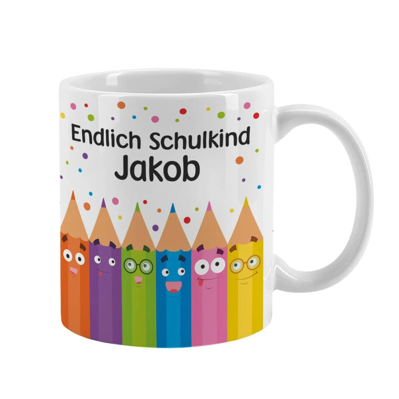 Endlich Schulkind Tasse mit Name in persönlicher Tassentasche
