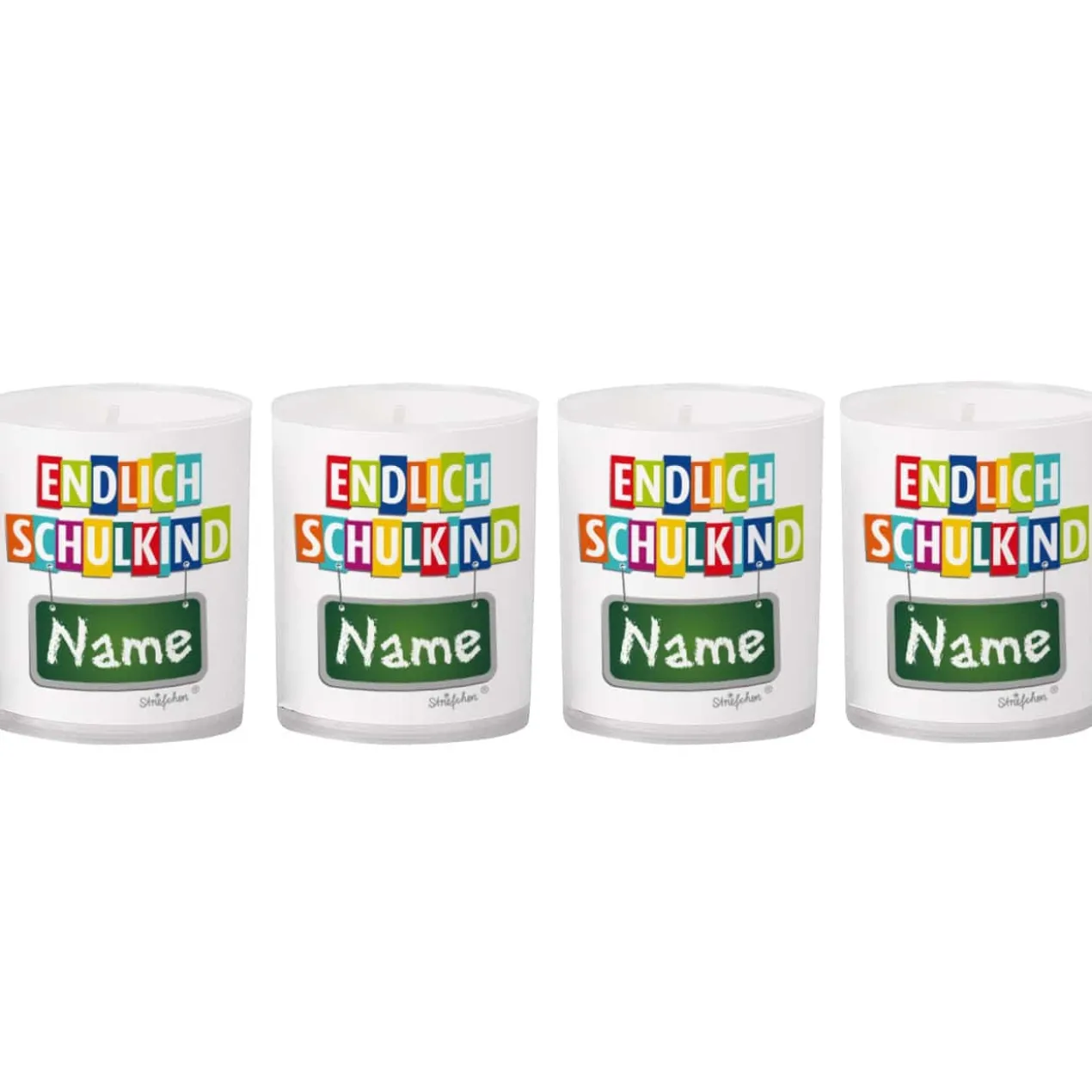 Endlich Schulkind Teelichter im 4er Set mit Namensaufdruck