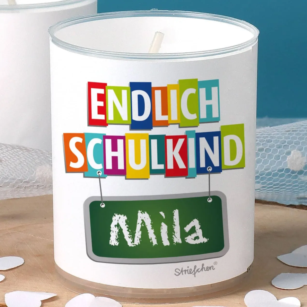 Endlich Schulkind Teelichter im 4er Set mit Namensaufdruck
