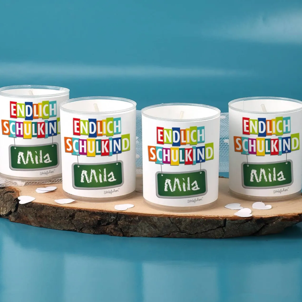 Endlich Schulkind Teelichter im 4er Set mit Namensaufdruck