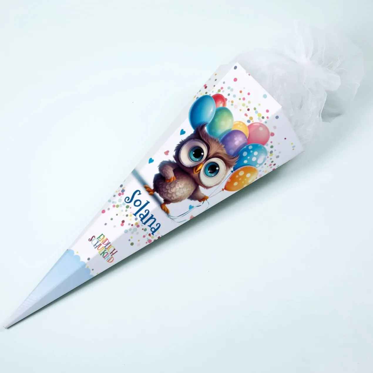 Endlich Schulkind - Zuckertüte mit Eule, Luftballons und Name