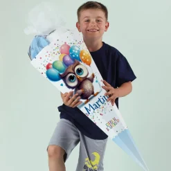 Endlich Schulkind - Zuckertüte mit Eule, Luftballons und Name