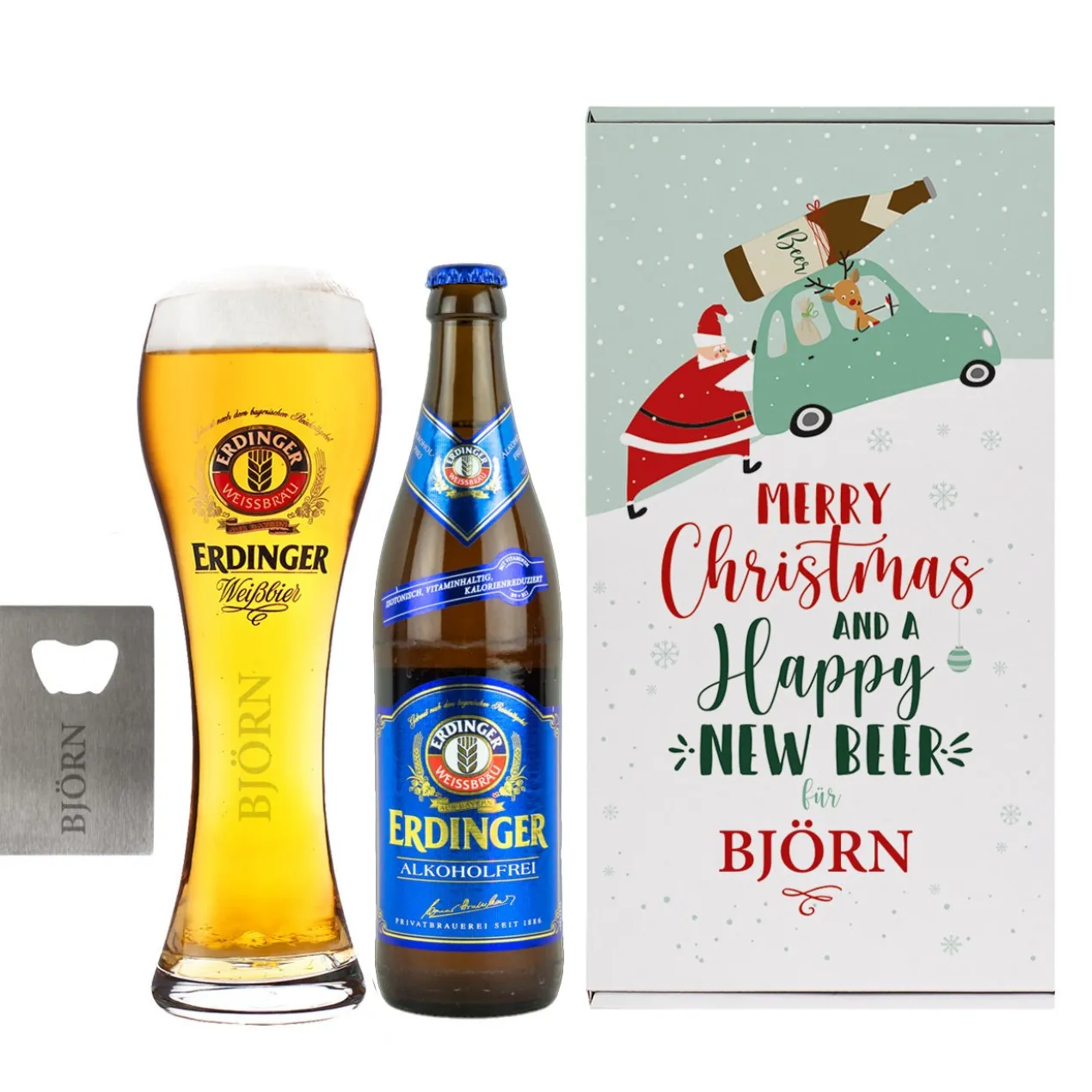 Erdinger Bier-Geschenkset zu Weihnachten, mit graviertem Glas, Weißbier und Flaschenöffner