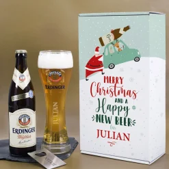 Erdinger Bier-Geschenkset zu Weihnachten, mit graviertem Glas, Weißbier und Flaschenöffner